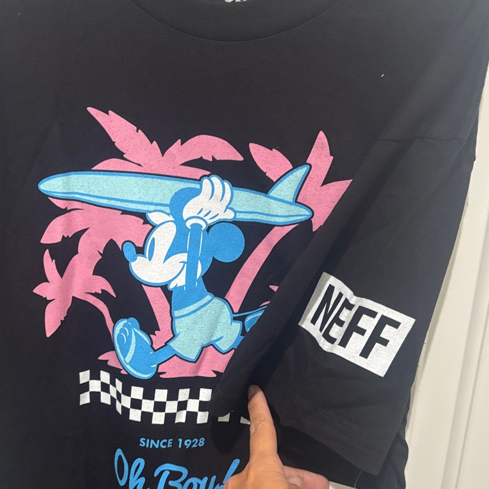 Neff Black Tee with Pink and Blue Cartoon Design